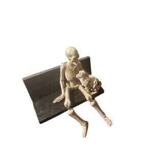 Skeleton and Dog on Bench Figurine – Halloween Spooky Décor – 12” Ceramic